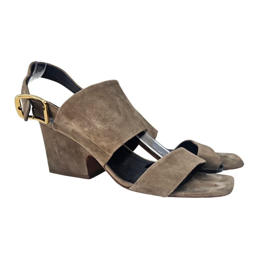 Celine 39.5 Gray Suede Minimalist Sandal Slingback Open Toe Heel Gold Buckle
